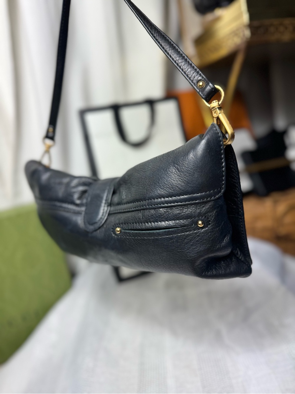 Vintage Y2K 90s Black Leather Shoulder Bag with Gold … - Gem